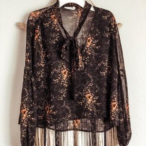 Nordstrom black floral front tie top